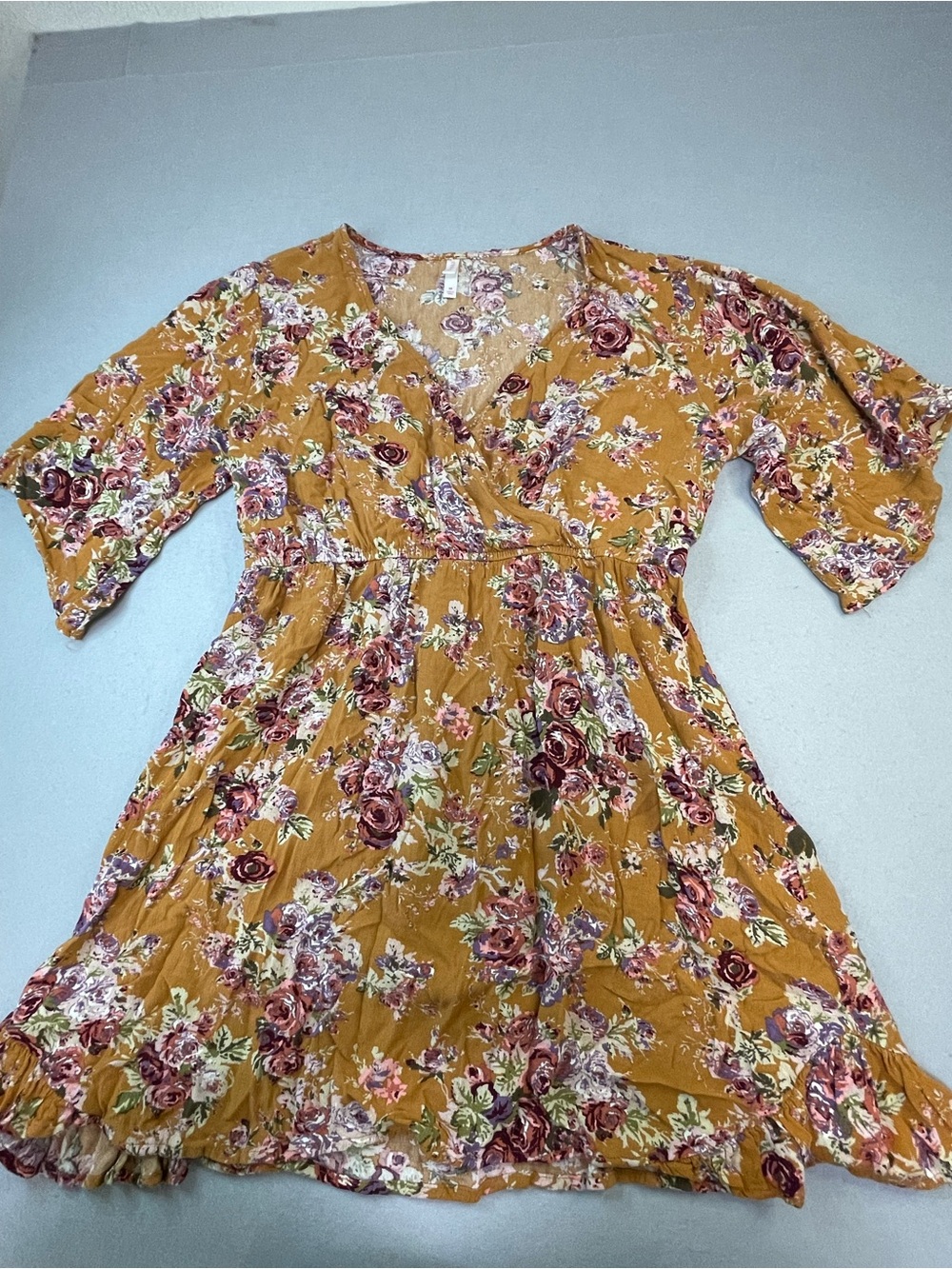 Xhilaration Mustard Floral V-Neck Long Sleeve Dress Size M 203